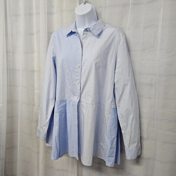 French Connection Blue Striped Button Blouse Peplum Preppy L - Picture 6 of 13